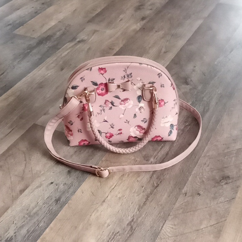 Pink floral leather handbag